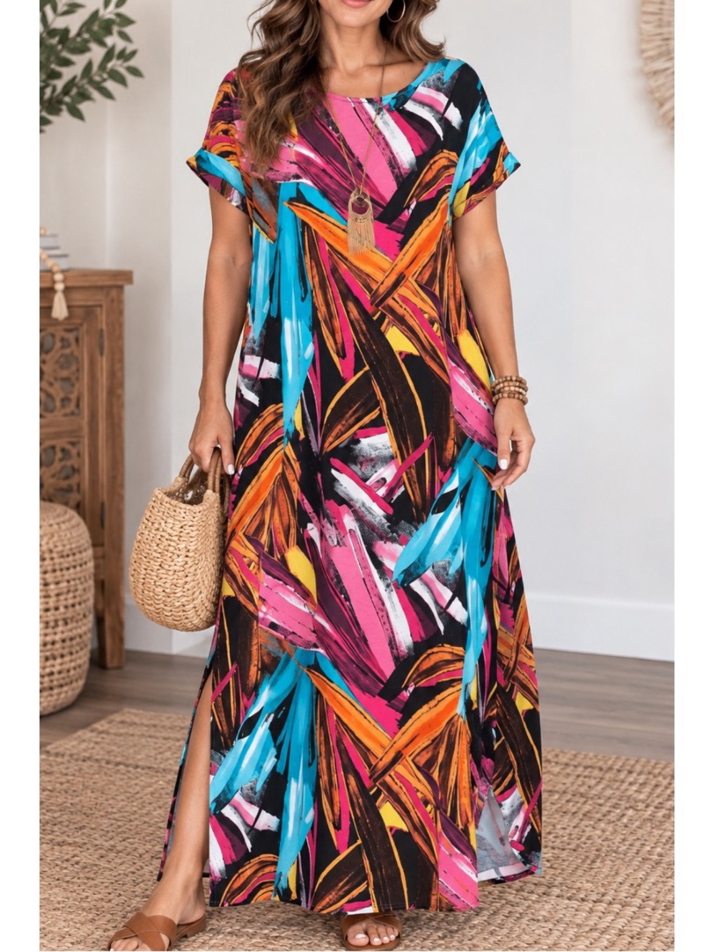 Dear Scarlett Vibrant Colorful Abstract Print, Wrinkle Free maxi Dress
